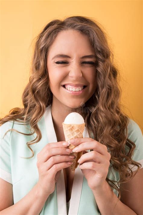 Happy Woman Eating Ice Cream Stock Photo Image Of Copy Closeup