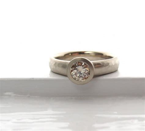 Recycled White Gold And Champagne Diamond Bezel Set Solitaire Low