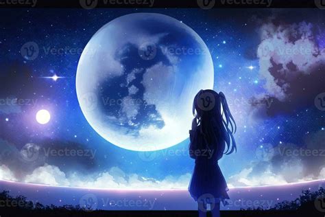 Anime Girl Looking At The Moon On Starry Night Illustration Generative