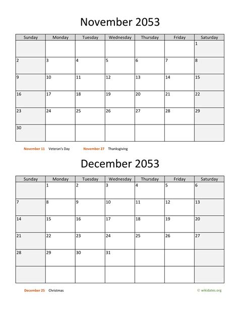 November And December 2053 Calendar