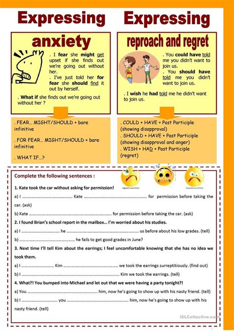 Expressing Fear Reproach And Regret Worksheet Free Esl Printable
