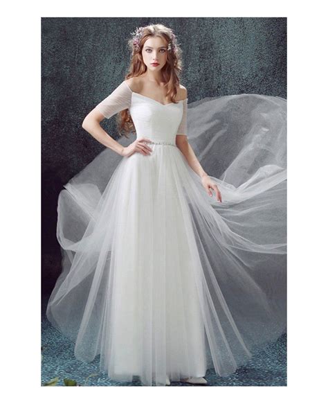Simple A Line Off The Shoulder Floor Length Tulle Wedding Dress With