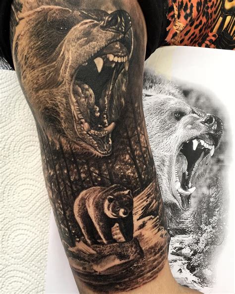 This wearer is from alaska and got the grizzly bear to symbolize the fact that he is a native of that place. Grizzly half sleeve | Nature tattoo sleeve, Bear tattoos ...