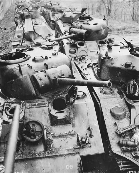 Wrecked Us M4 Sherman Tanks At Ordnance Depot In France 1945 World