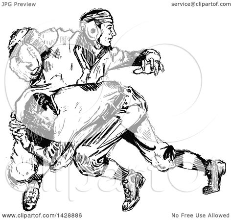 Clipart Of Vintage Black And White Sketched Football Players Royalty