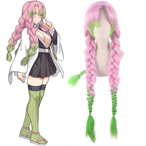 Anime Demon Slayer Kanroji Mitsuri Halloween Cospaly Wig Synthetic Long Braided Hair Kimetsu No