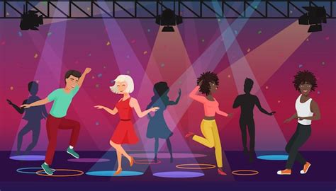 Cartoon Multi Ethic People Dancing In Colorful Spotlights At Disco Club