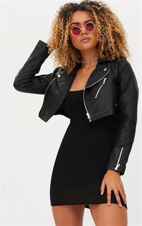 Black Cropped Pu Biker Jacket With Zips Cropped Biker Jacket Cropped