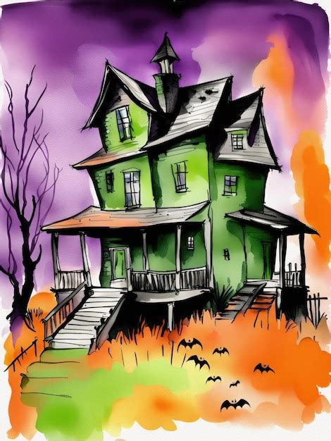 Premium Photo Halloween Haunted House Watercolor Painting