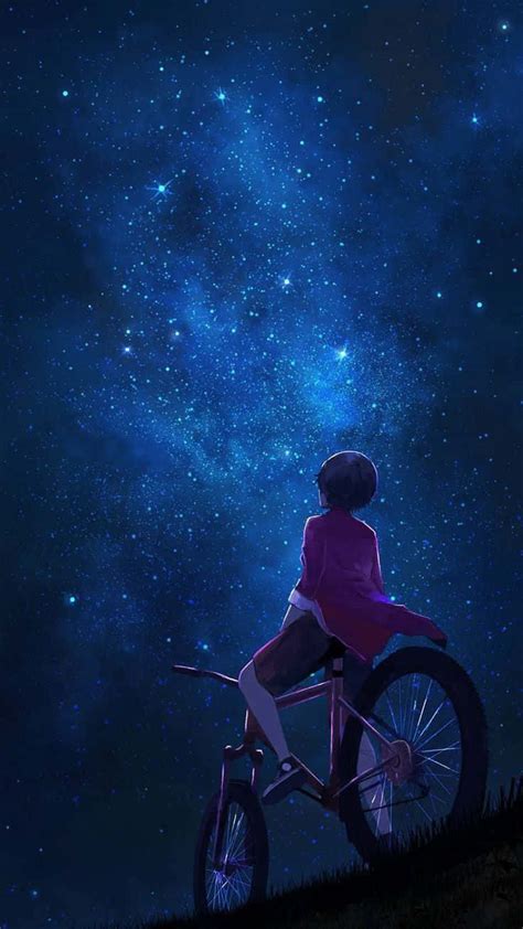 Download Red Bicycle Guy Look Up At Night Anime Sky Wallpaper