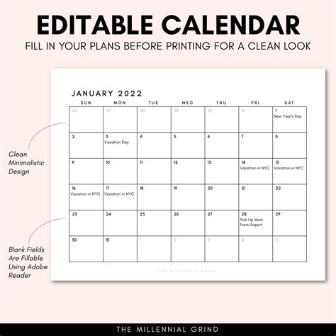 2022 Calendar Printable 2022 Calendar Template 2022 Etsy Canada