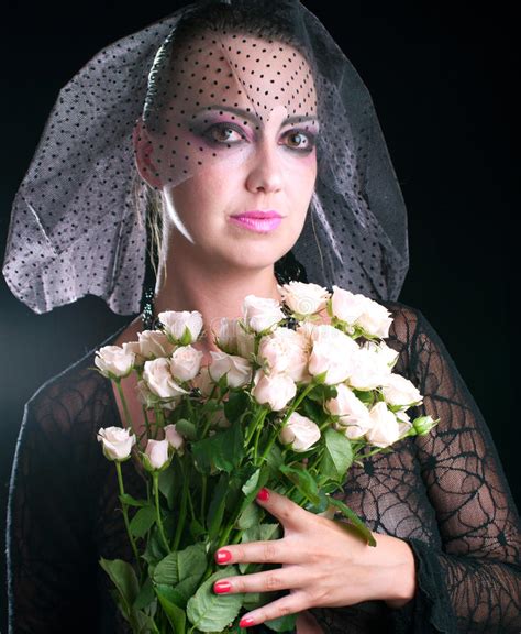 girl in a black veil with pink roses stock image image of face attractive 32203067