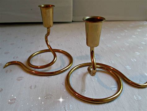 Spiral Polished Brass Candlestick Holders Pair Vintage By