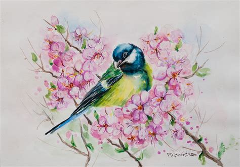 Blue Bird Cherry Blossom Bird On A Branch Blossom Art Bird Etsy In 2021 Blossoms Art Flower