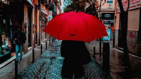Girl Holding Red Umbrella In Rain Rain Girl Holding Umbrella
