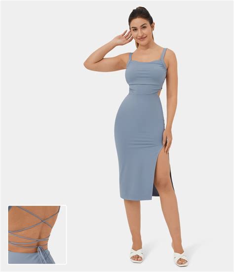 Womens Ruched Backless Crisscross Lace Up Split Bodycon Midi Casual Dress Halara