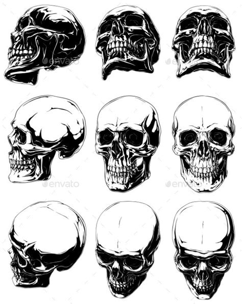 Detailed Graphic Black And White Human Skulls Set Evil Grunge