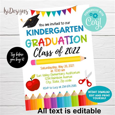 Kindergarten Graduation Invitation Editable Kindergarten Etsy Canada