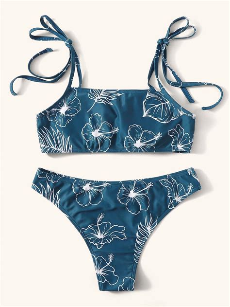 blue floral tie shoulder cami top swimsuit bikini bottom swimsuit bikini bottoms bikinis