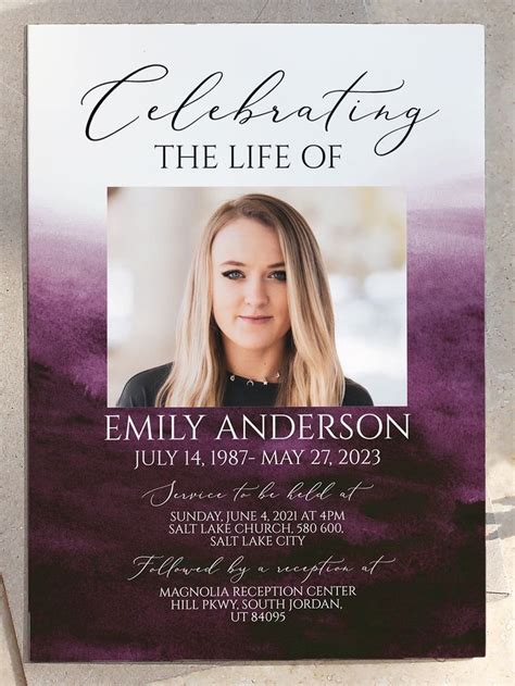 Celebration Of Life Funeral Invitation Purple Watercolor Funeral