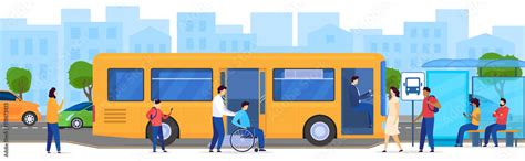 People At Bus Stop Disabled Passenger In Wheelchair Vector
