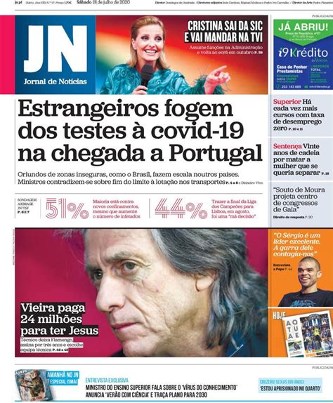 Capa Jornal De Notícias 18 Julho 2020 Capasjornaispt