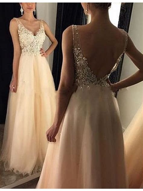 A Line Deep V Neck Backless Floor Length Prom Dress With Beading