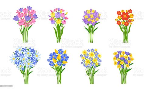 Cartoon Fresh Flowers Bouquets Spring Vector Set Stock Illustration