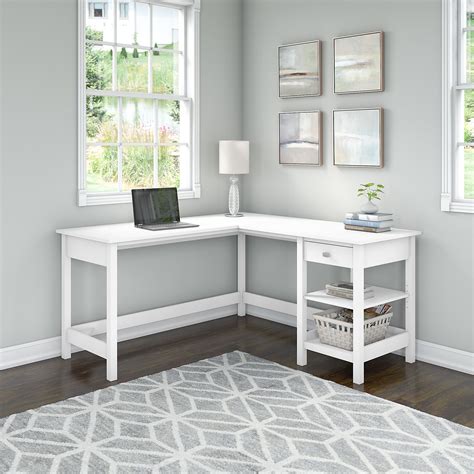 60w L Shaped Computer Desk With Storage In Pure White By Bush