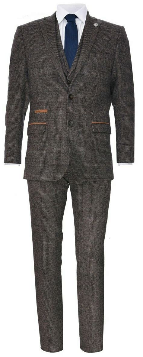 Pre Owned Truclothing Mens Brown 3 Piece Tweed Suit Herringbone Wool