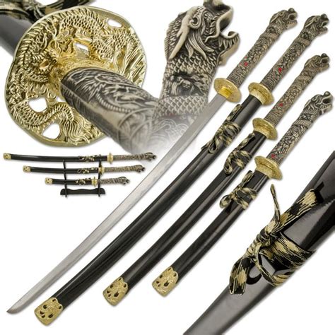 3 Pc Samurai Dragon Katana Sword Set With Detailed Dragon Engravings