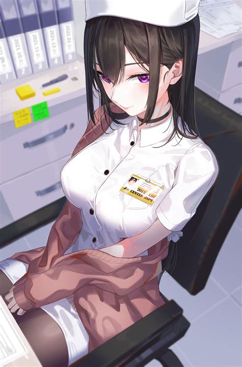 Wallpaper Anime Girls Purple Eyes Dark Hair Sitting Hat Nurse