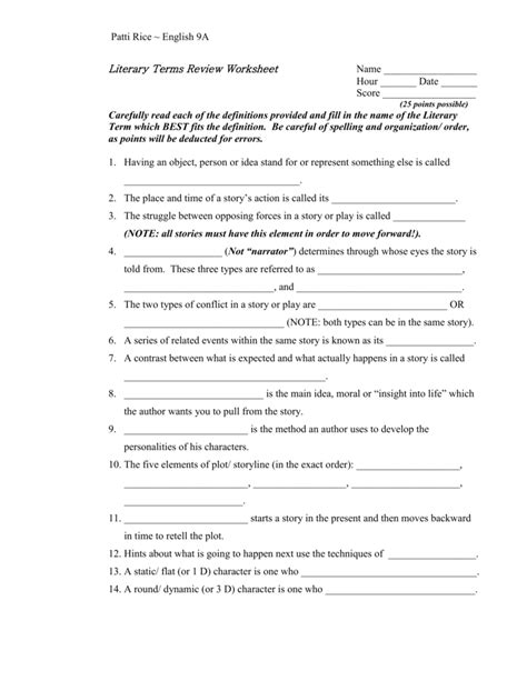 Literary Elements Review Worksheet — Db