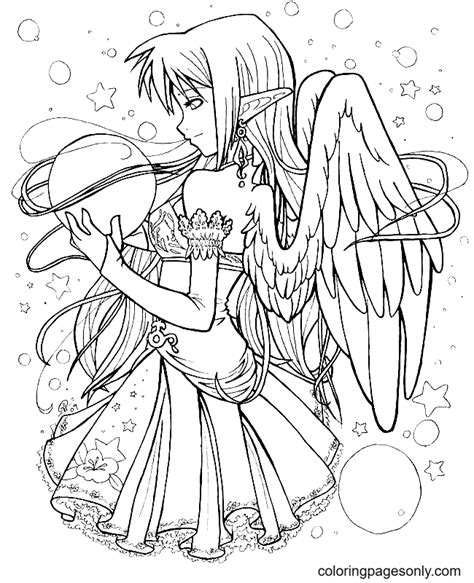 Long Hair Anime Girl With Angel Wings Coloring Pages Angel Coloring