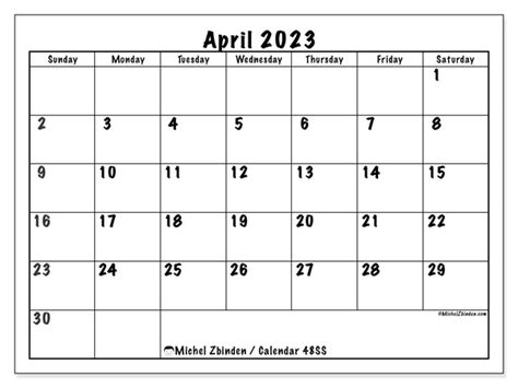 April 2023 Printable Calendar “48ss” Michel Zbinden Za
