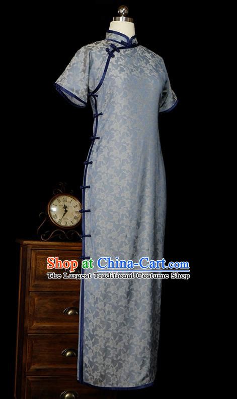 Traditional Ancient Chinese Young Lady Blue And White Porcelain Silk Cheongsam Republic Of