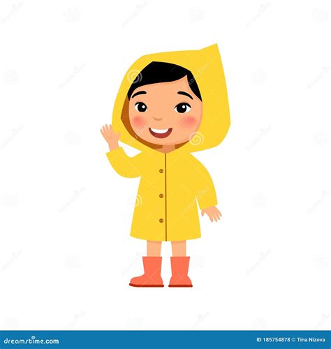 Little Asian Girl In A Yellow Raincoat Smiles And Waves A Hand Female