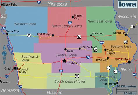 Landkarte Iowa Übersichtskarteregionen Karten Und