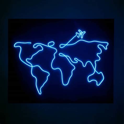 World Map Neon Sign Line Art Travel Light Up Canvas Etsy