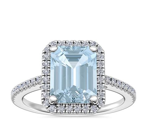 Classic Halo Diamond Engagement Ring With Emerald Cut Aquamarine In