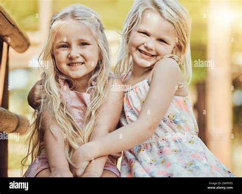 Happy Girl Smile And Teddy Outdoor Portrait With Happiness Sisters