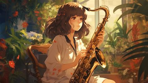 Premium Ai Image Anime Girl Playing A Saxophone In A Room With Plants