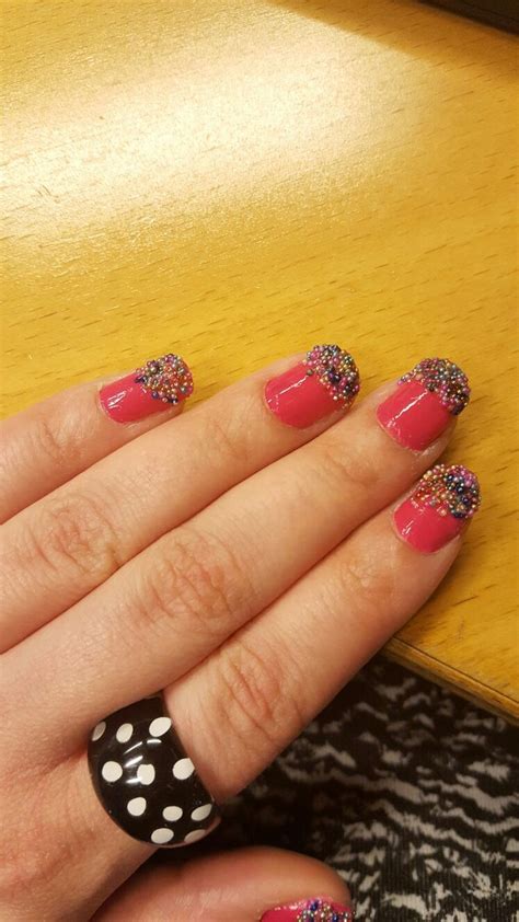 candy nails pink nails with sprinkled color beads nail decorations colorful nail art nail