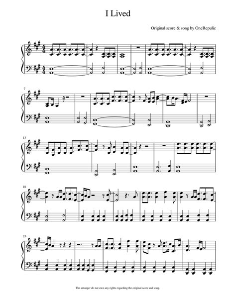 I Lived By Onerepublic Sheet Music For Piano Solo