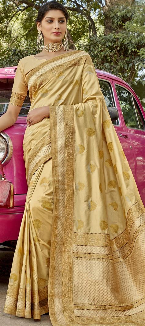 Traditional Gold Color Satin Silk Silk Fabric Saree 1713771