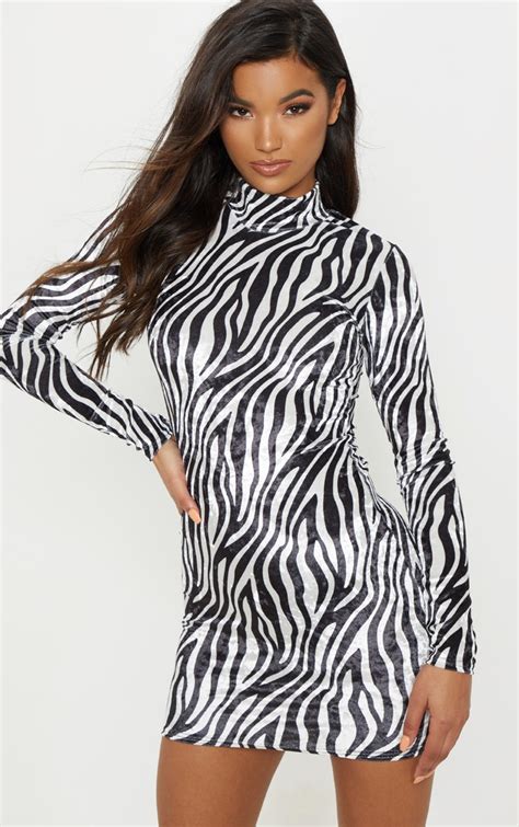 Monochrome Velvet Zebra Print Dress Dresses Prettylittlething Aus