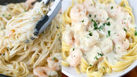Spaghetti a la crème fraîches et aux crevettes -