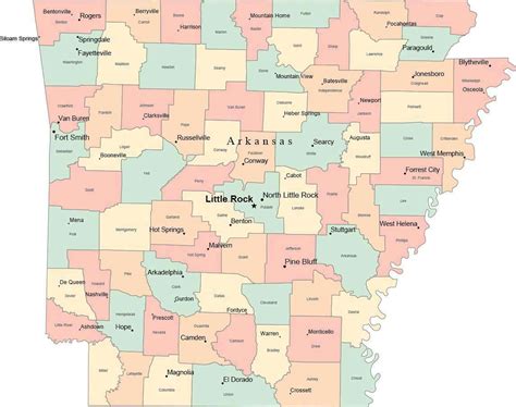 Multi Color Arkansas Map With Counties Capitals And Major Cities