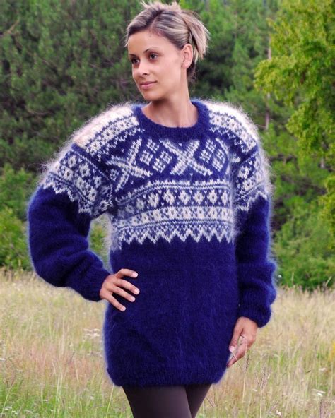 Hand Knit Mohair Sweater Icelandic Nordic Fuzzy Blue White By