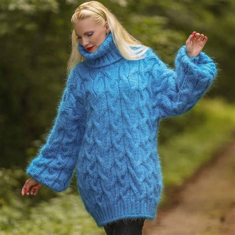 Hand Crafted Cable Knit Mohair Sweater In Aqua Blue Supertanya